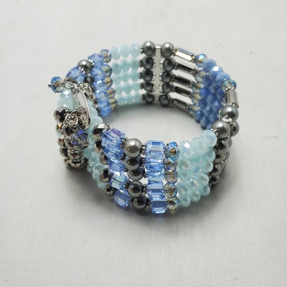 Ali Khan 5 row glass pearl Blue beaded wired wrap opened bracelet - Picture 6 of 7